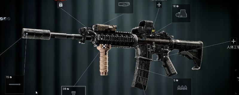 《战地6》游戏中M4A1卡宾枪在战场上使用的实机画面，枪口喷射火焰，背景为战火纷飞的城市废墟