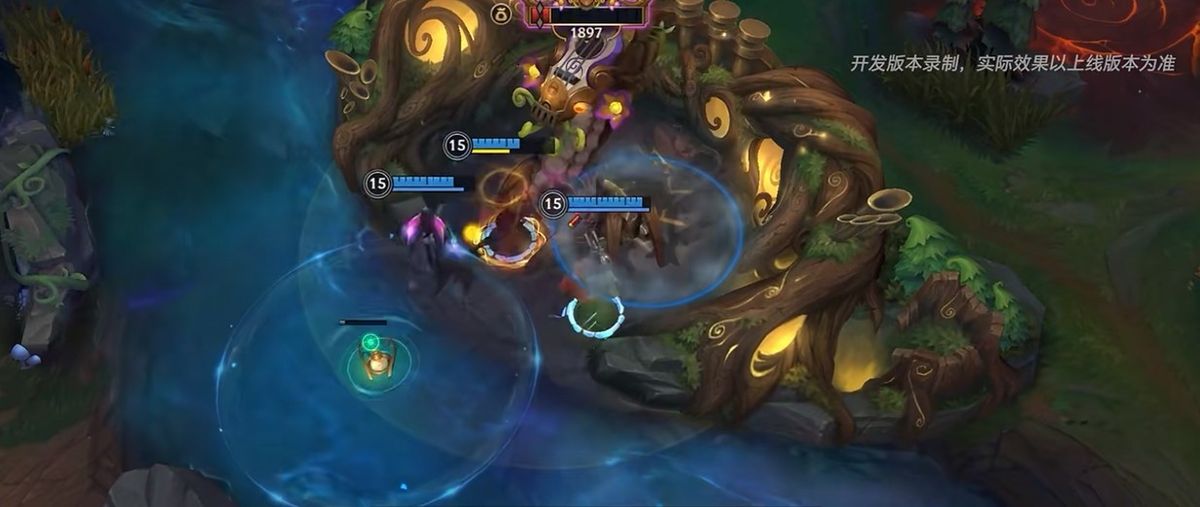 三只乐器形态的峡谷先锋漂浮于野区，光影交错间即将合体