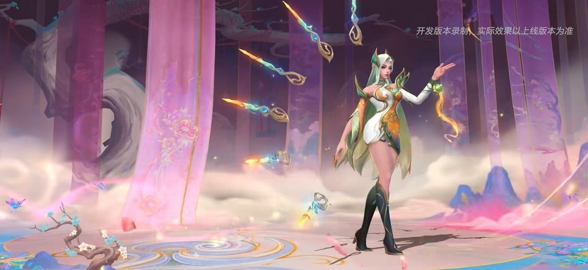 多款中国风皮肤角色整齐列队，服饰华丽，背景为新春灯笼与祥云