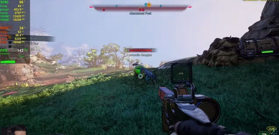 《无主之地4》实机战斗场景，角色在废土环境中与敌人激烈交火，画面充满卡通渲染风格与爆炸特效