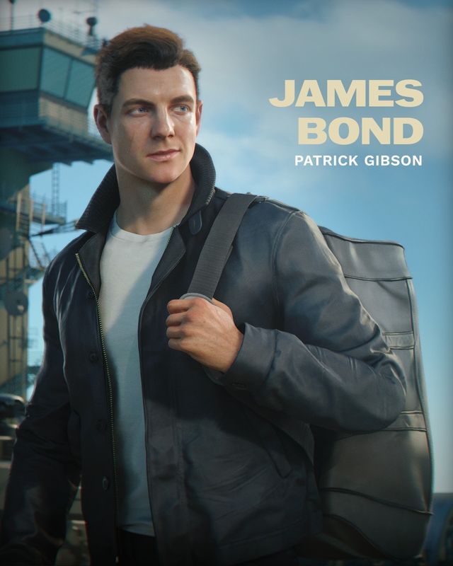 《007：曙光》中由帕特里克·吉布森饰演的詹姆斯·邦德正面特写，身穿战术作战服，眼神坚毅，背景为昏暗城市街景，氛围紧张