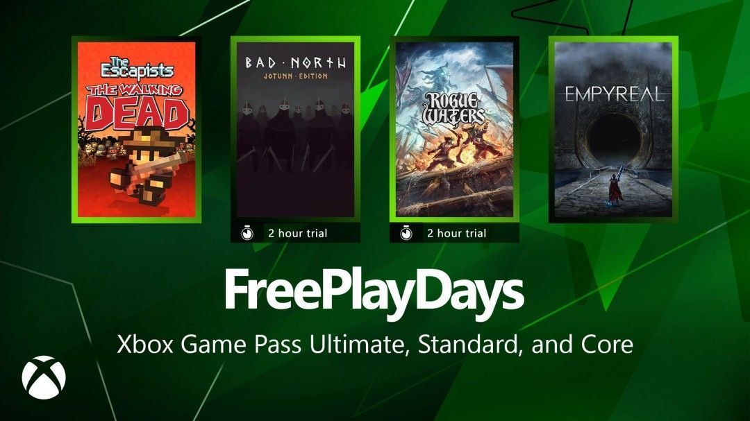 Xbox免费游戏日宣传图，四款游戏环绕Xbox标志展开，整体风格科技感十足