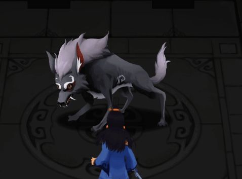 苍狼怪物立绘图，灰毛尖耳狼形生物，双眼赤红，利爪外露，周身环绕火焰气息