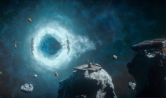 飞船停靠在巨型空间站对接口，周围是浩瀚星空与旋转的轨道设施