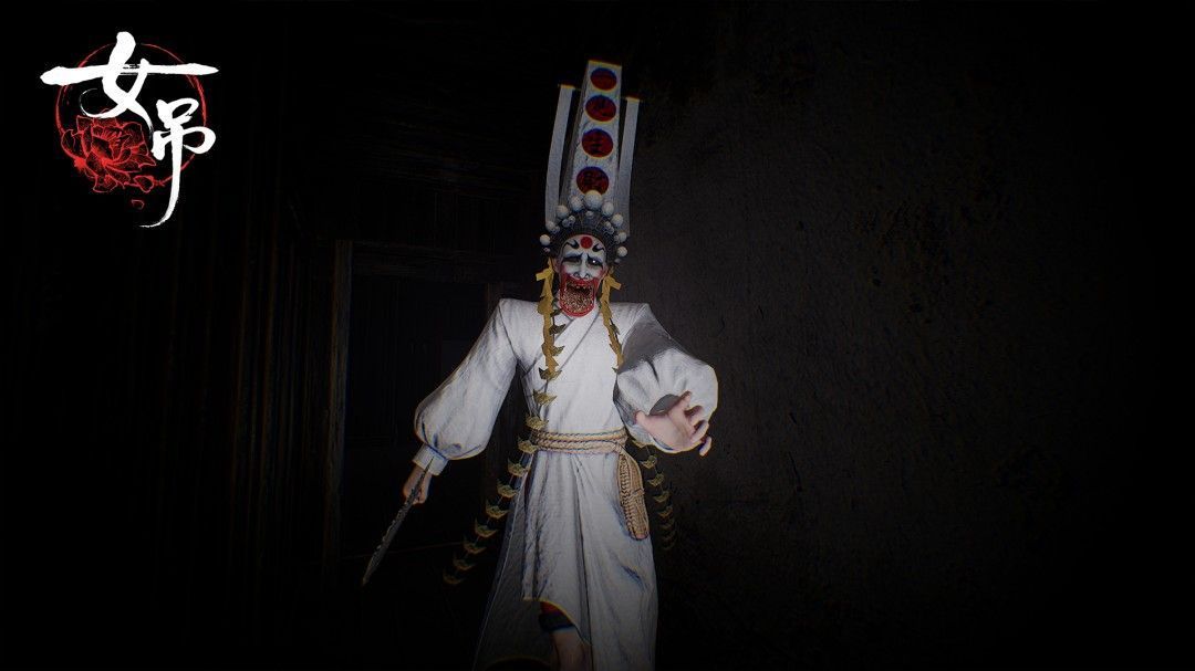 游戏场景展示一面古老铜镜置于祭坛中央，两侧站立两名角色，一人手持灯笼，另一人手执符咒，气氛紧张