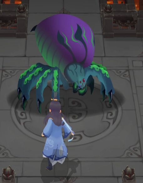 厄毒母蛛立绘形象，巨大蜘蛛形态，通体泛着暗紫色毒光，八足尖锐，眼神阴冷