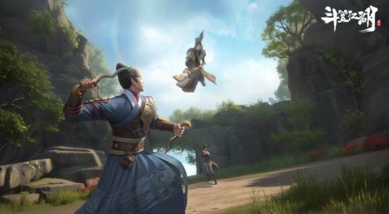 游戏主界面展示一位身披斗笠的侠客立于山巅，背后是云雾缭绕的古风建筑群，氛围神秘而壮阔