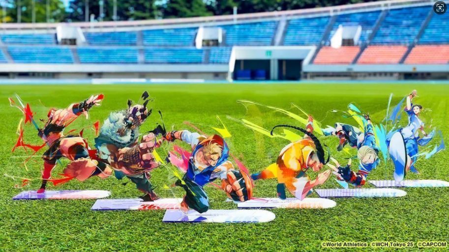 《街头霸王6》与2025年世界田径锦标赛联动宣传图，画面中角色与田径元素巧妙融合，背景为东京城市剪影