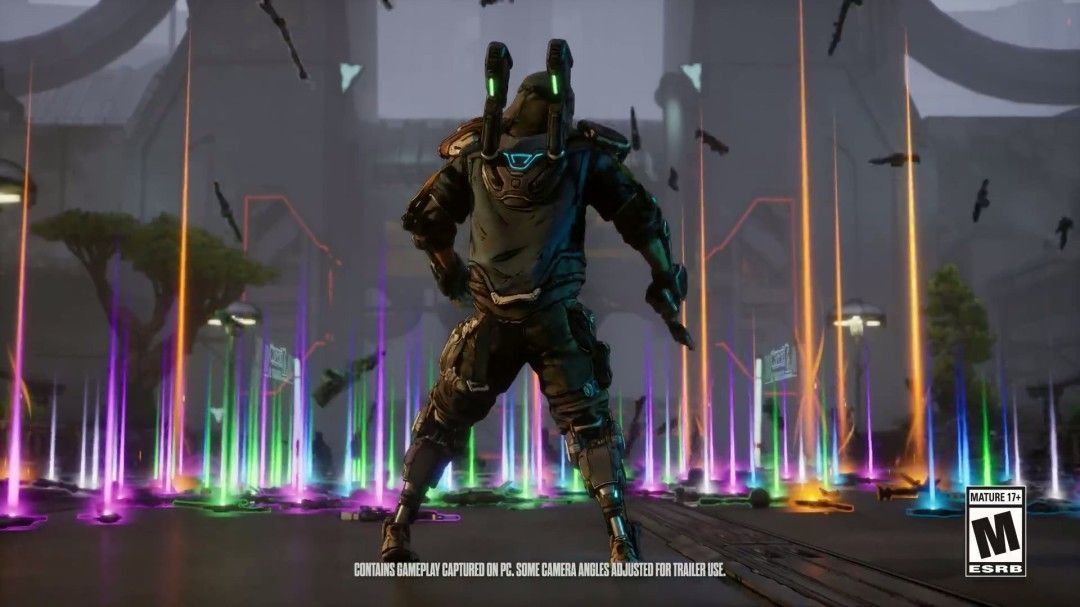 《无主之地4》角色持巨型电锯步枪对敌射击，背景为荒漠废土城市