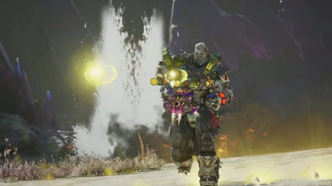 巨型机械Boss在火山地形中发动范围攻击，火焰喷涌