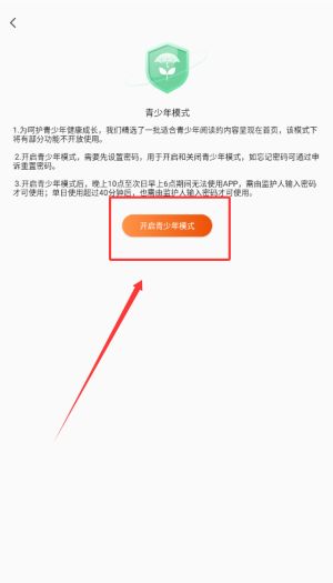 青少年模式功能介绍页面，列出内容屏蔽、使用时长控制等保护机制