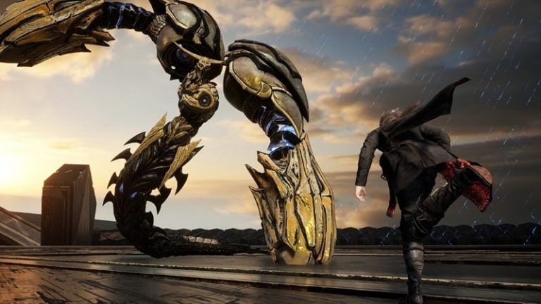 《失落之魂》主角卡泽尔手持大剑战斗场景，背景为崩塌的城市与异界裂隙，光影特效强烈