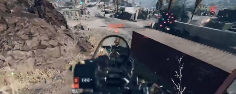 《战地6》游戏中M4A1突击步枪在战场上射击的特写画面，枪口火焰喷发，背景为硝烟弥漫的城市废墟