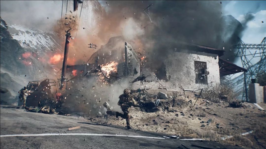 游戏中一栋多层建筑正在被逐步摧毁的过程，墙壁出现裂缝，部分楼层坍塌，士兵从窗口跳下逃生