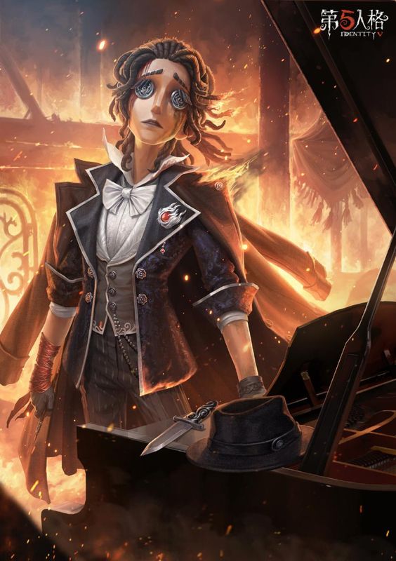 【奇珍时装】作曲家-被遗忘的乔治站在燃烧的舞台中央，身穿黑色燕尾服，银色徽章闪耀，火焰缠绕衣物与头发，氛围凄美而壮烈