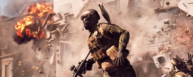 《战地6》游戏画面展示未来都市废墟中的激烈交火场景，士兵身着高科技作战装备，在硝烟弥漫的街道上展开对峙