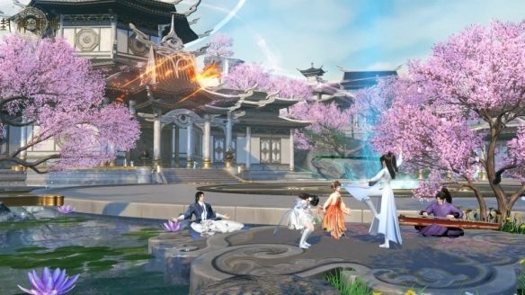 玉虚宫内弟子打坐修炼场景，灵气汇聚成漩涡，众人盘膝而坐，周身光芒流转