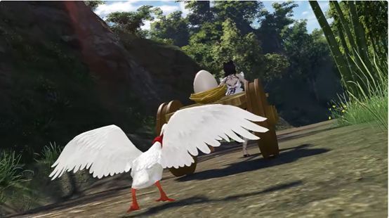 【吟风·大鹅催催】载具展示图，一只白色大鹅驮着少侠缓缓前行，脚踩冰面留下滑痕