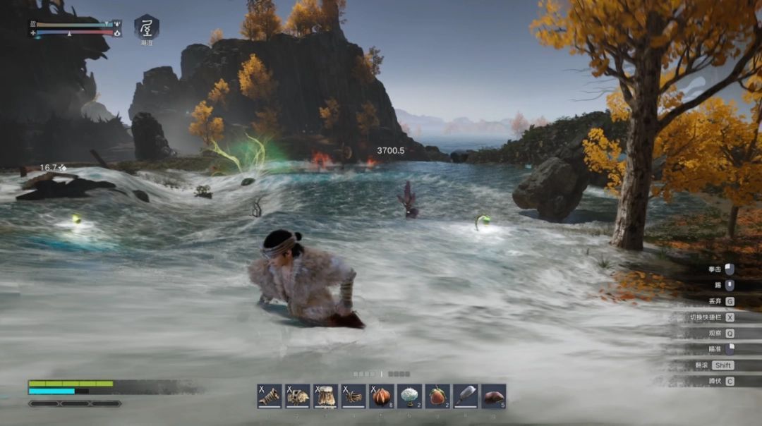 暴雨降临后的岛屿全景，山体滑坡引发洪水奔涌而下，冲垮沿途建筑，火系Boss在洪水中化为灰烬