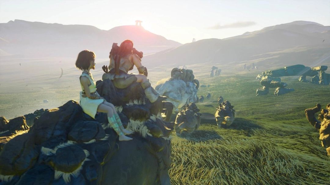 《山外山》艺术概念图，远古村落依山傍水，天空雷云翻滚，巨形神影若隐若现