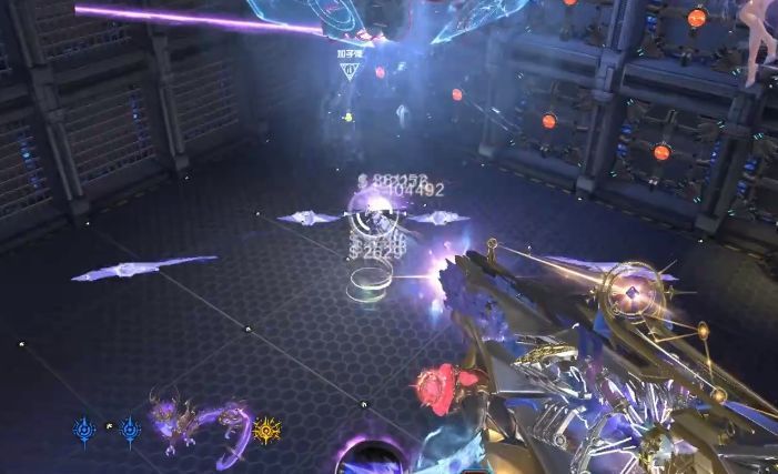 机械先锋悬浮空中，向下发射密集激光束，地面上布满红色警示区