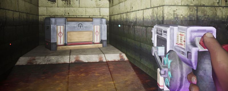 《非生物因素》制造区入侵区洞穴内的符文箱子位置示意图，显示玩家正接近一个被碎石包围的金属宝箱