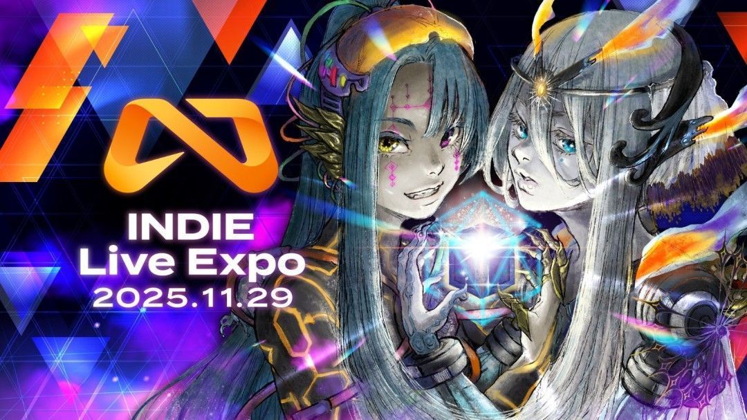本次INDIE Live Expo主视觉图，多名角色站在彩虹色光带上携手前行，背景充满未来感的城市剪影