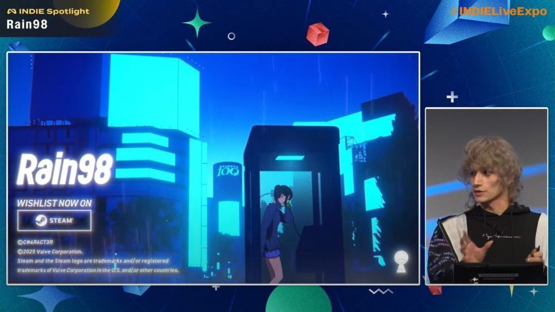 INDIE Spotlight环节主持人正在讲解一款新公布的独立游戏剧情设定