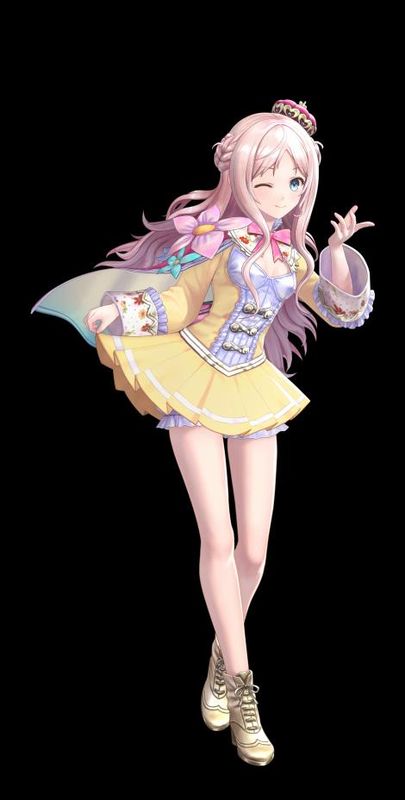 梅露露开心地举着一朵发光花朵，身后是热闹的集市摊位