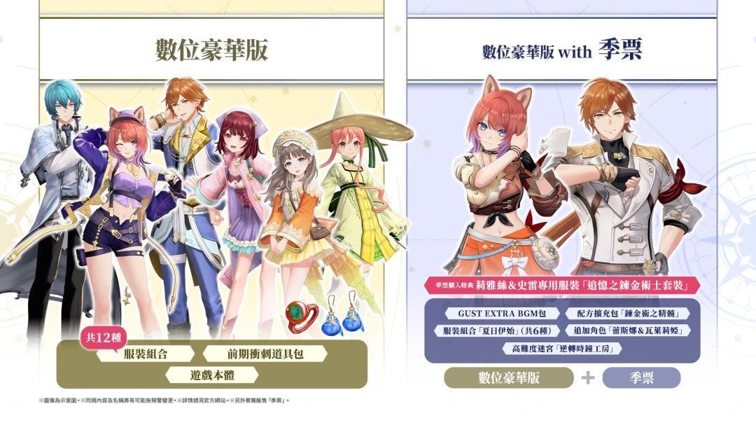 数字豪华版与季票封面展示，包含角色服装、原声集等多项特典内容