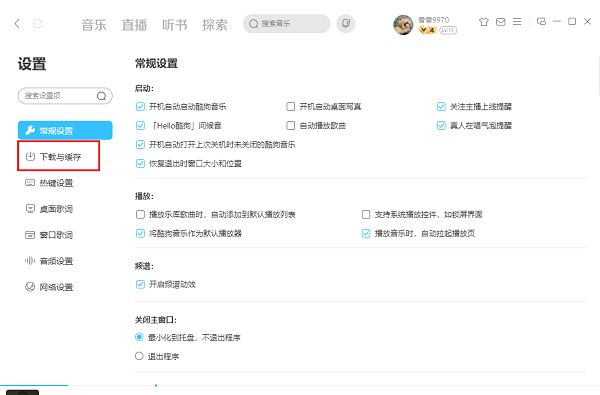 左侧栏高亮显示‘下载与缓存’选项，右侧同步展示相关设置内容