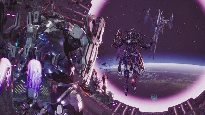 游戏中两名巨大机甲在废墟城市上空激烈对撞，能量光束交织，战斗场面火爆