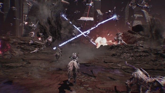 玩家操控机甲在空中进行高速冲刺，背后喷射火焰轨迹清晰可见