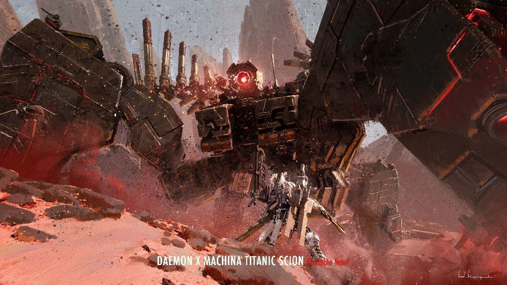 幸田和磨绘制的插画：两台风格迥异的巨型机甲在雷电交加的天空中激烈交锋