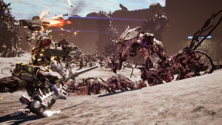 玩家在空中操控机甲进行翻滚闪避，身后留下残影轨迹