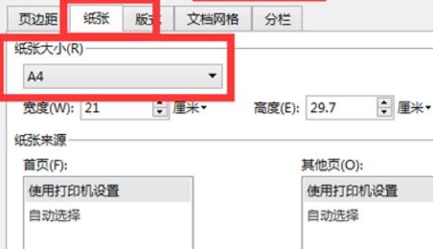 页面设置中的纸张选项卡界面，突出显示纸张大小下拉菜单