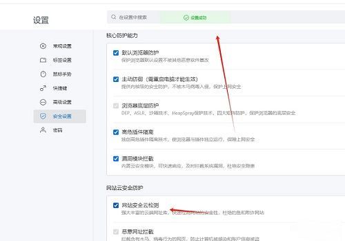 搜狗浏览器安全设置中已勾选‘网站安全云检测’功能的状态