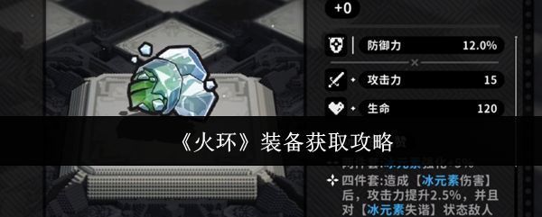 《火环》游戏主界面展示，像素风格角色站立于废墟城市背景前，周围环绕着武器图标和属性数值