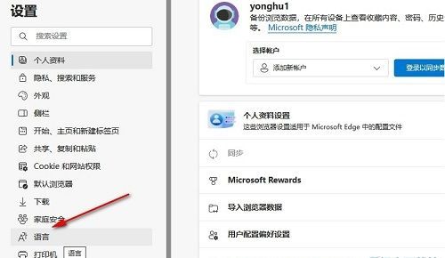Edge设置页面左侧语言选项高亮显示