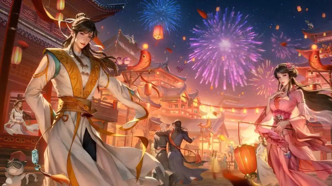 《天龙八部》游戏画面中少侠们齐聚洛阳古城，灯火通明，节日氛围浓厚