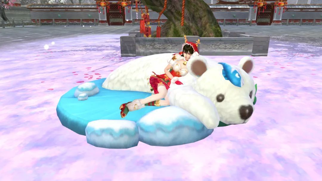 玩家骑乘金色元宝造型坐骑，梅花环绕飞舞，特效华丽夺目