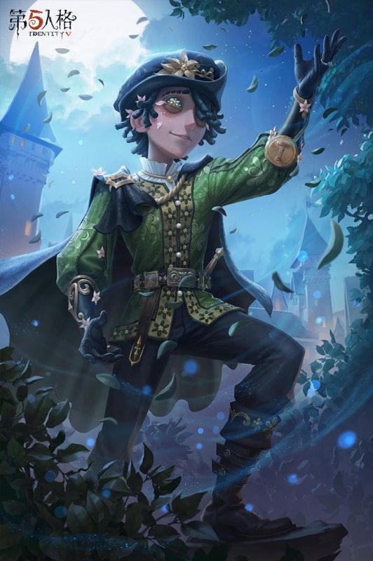 病患-罗密欧身穿深绿色华服，在月光下扬手吟唱，周围落叶与荧光飞舞，画面唯美梦幻