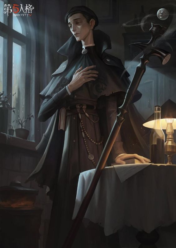 隐士-乡村牧师身穿黑袍坐在烛光摇曳的房间中，低头祈祷，氛围神秘压抑