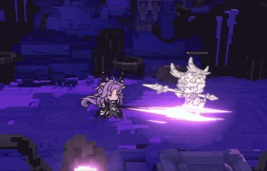 赫尔娜发动苦痛追袭重击，长枪突刺伴随暗红光效，敌人被击退浮空