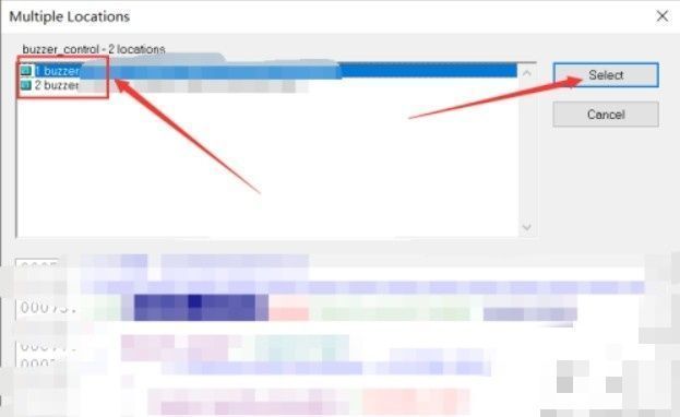 函数索引对话框中列出了多个函数实例，其中一个已被勾选，界面右上角‘Select’按钮突出显示