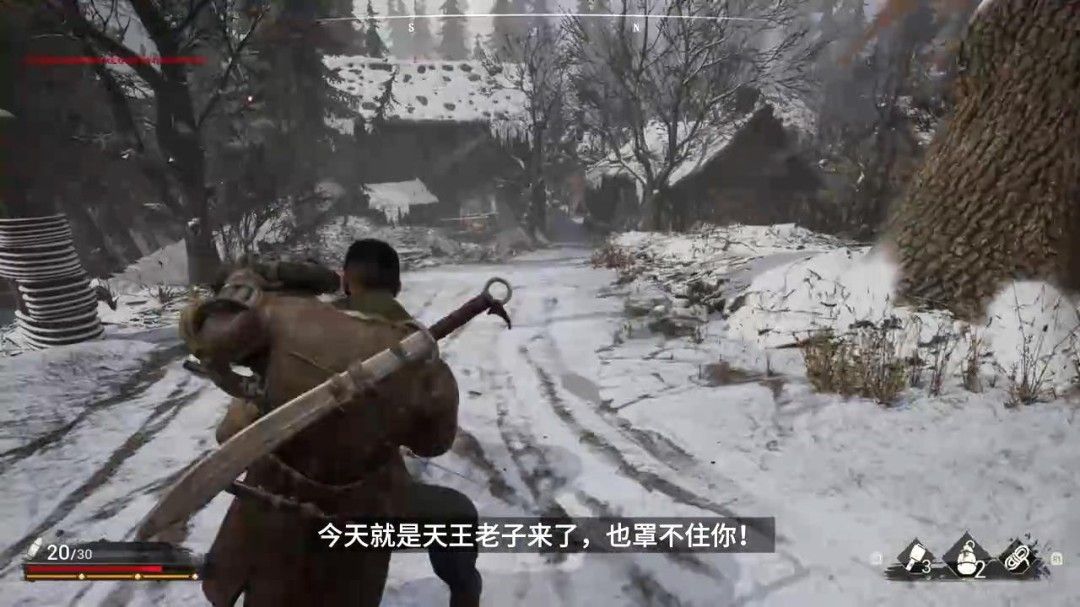 村庄废墟中的战斗场景，墙体破损，烟雾弥漫，主角正与多名敌人交战