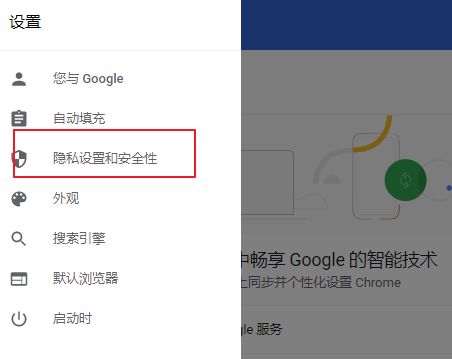 隐私设置和安全性子菜单展开，包含多项权限管理功能