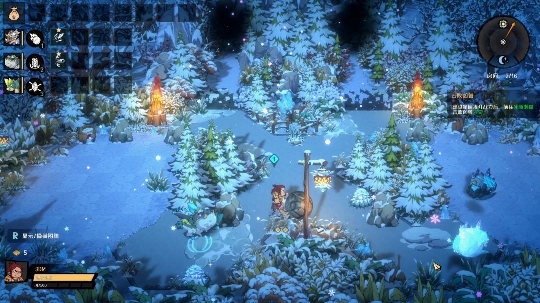 早期战斗场景，主角带领两只小型恐龙对抗几个低级敌人，背景为冰雪岩壁