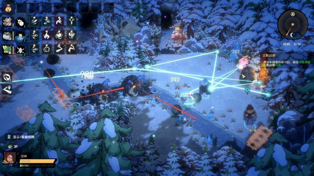 泥巴墙被湍急水流推向右侧角落，一只迪诺兽也被冲离原位，场面混乱