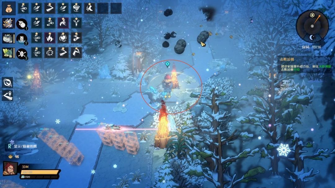 主角站在营火旁取暖，火焰跳跃照亮周围雪地，形成温暖与严寒的强烈对比